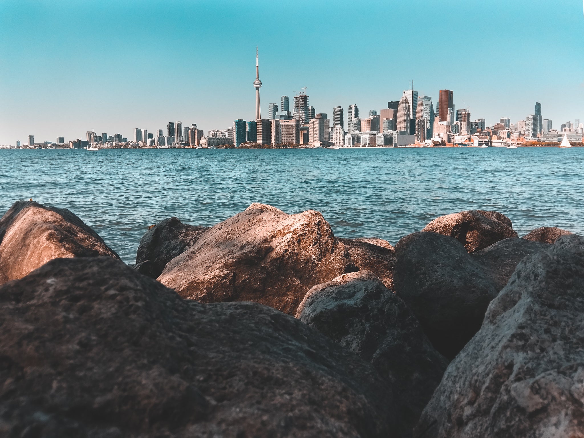 Toronto cityscape view across the lake showcasing the intersection of nature and present-day urban life