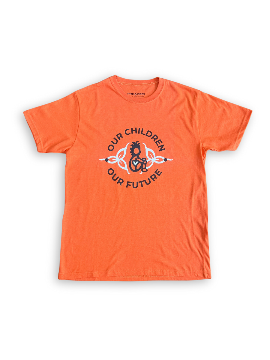 Orange t-shirt with an authentic Indigenous graphic and text on a white background